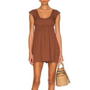 Anna Nata Brown Babydoll Mini Dress Empire Waist Cap Sleeve Pockets Medium NEW